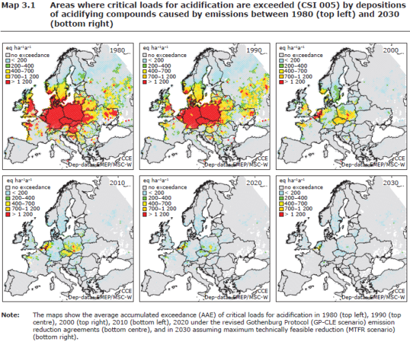 EEA Effects of air pollution on European Ecosystems_Areas with critical loads exceeded for acidification 1980-2030