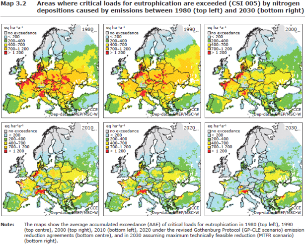 EEA Effects of air pollution on European Ecosystems_Areas with critical loads exceeded for eutrophication 1980-2030